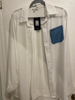 Fashion Nova women’s White Button-Down Shirt with Blue Chest Pocket